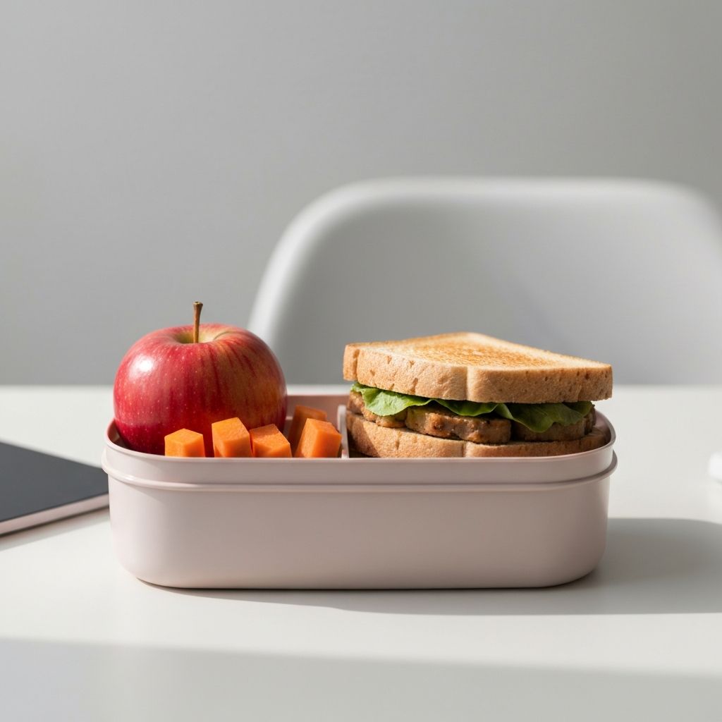 Packed lunch box with sandwich and fruit