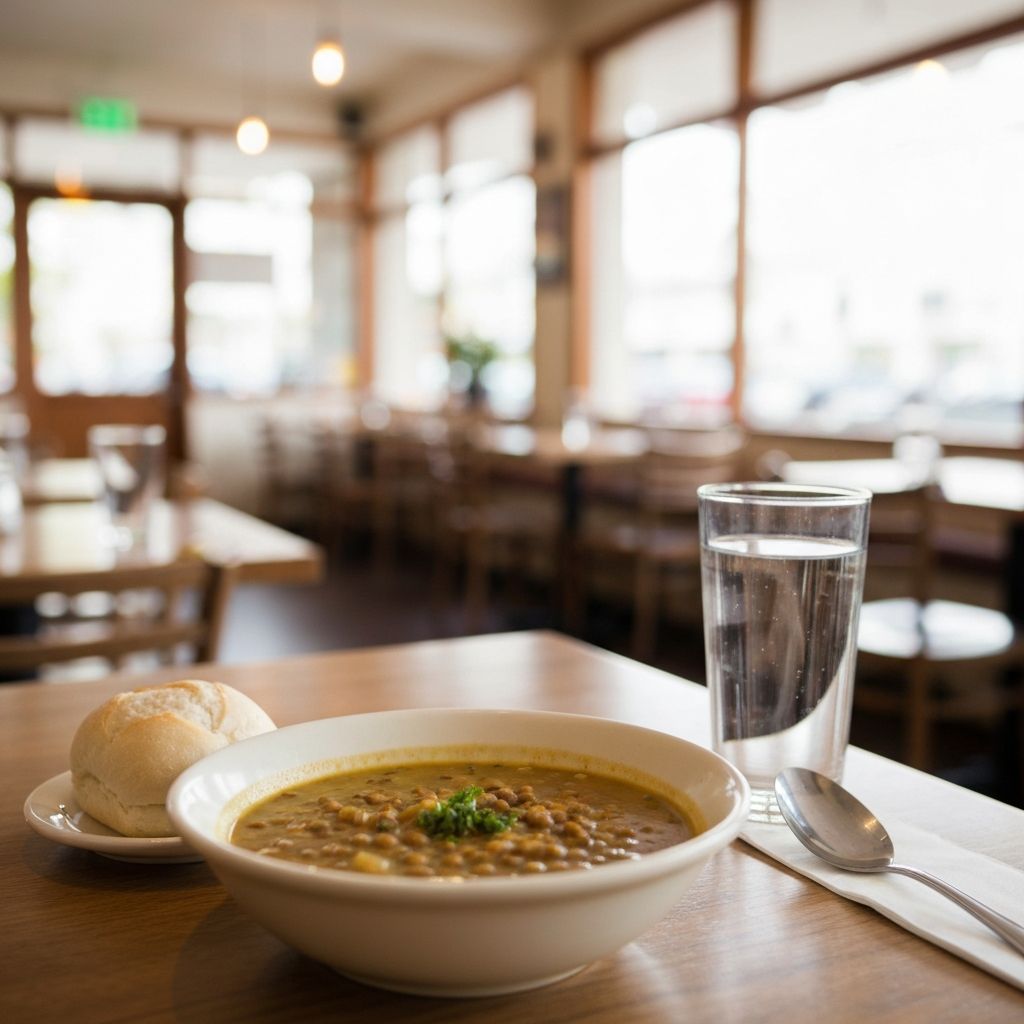Cafe table with soup and bread